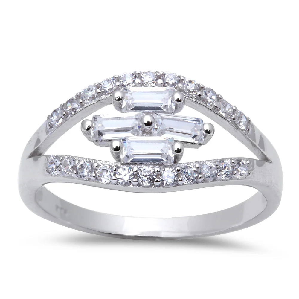 <span>CLOSEOUT!</span>Sterling Silver Round and Baguette Cubic Zirconia Ring
