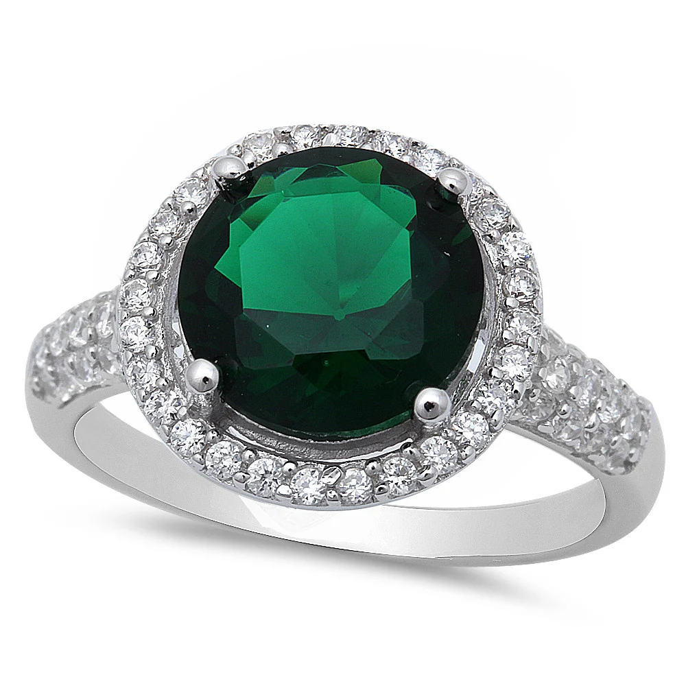 <span>CLOSEOUT! </span>Sterling Silver Halo Emerald Ring with Cubic Zirconias Ring