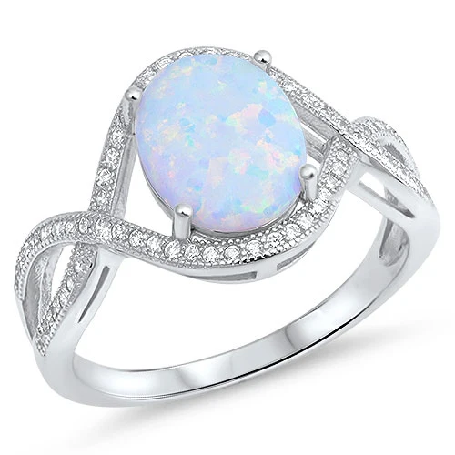 <span>CLOSEOUT!</span>Lab Created White Opal Oval Stone Twisted Infinity Band Ring