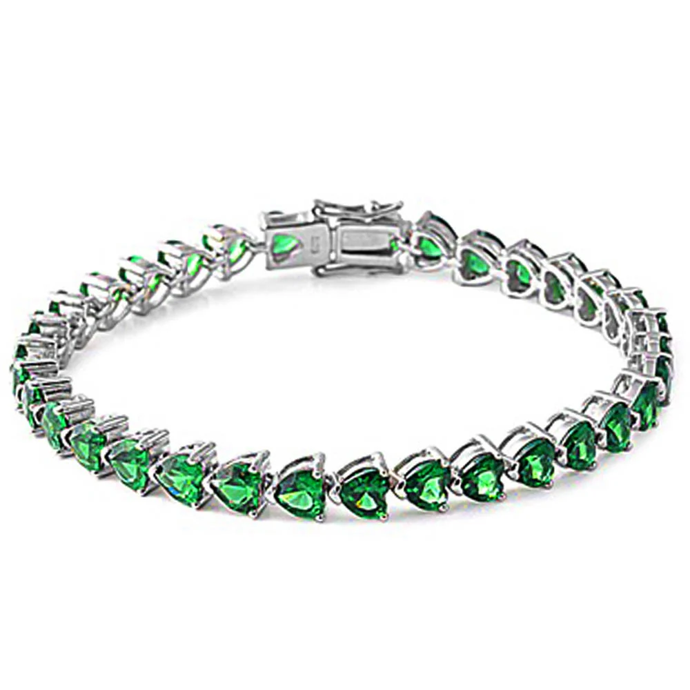 Green Emerald Heart Cz Gemstone Bracelet Solid .925 Sterling Silver