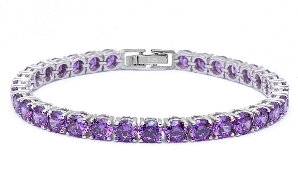 4.5MM Round 14.5CT Amethyst.925 Sterling Silver Bracelet 7.25"