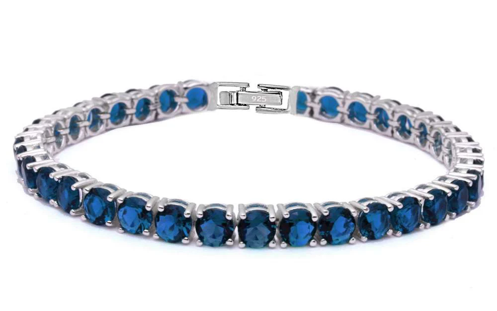 4.5MM Round 14.5CT Blue Sapphire.925 Sterling Silver Bracelet 7.25"