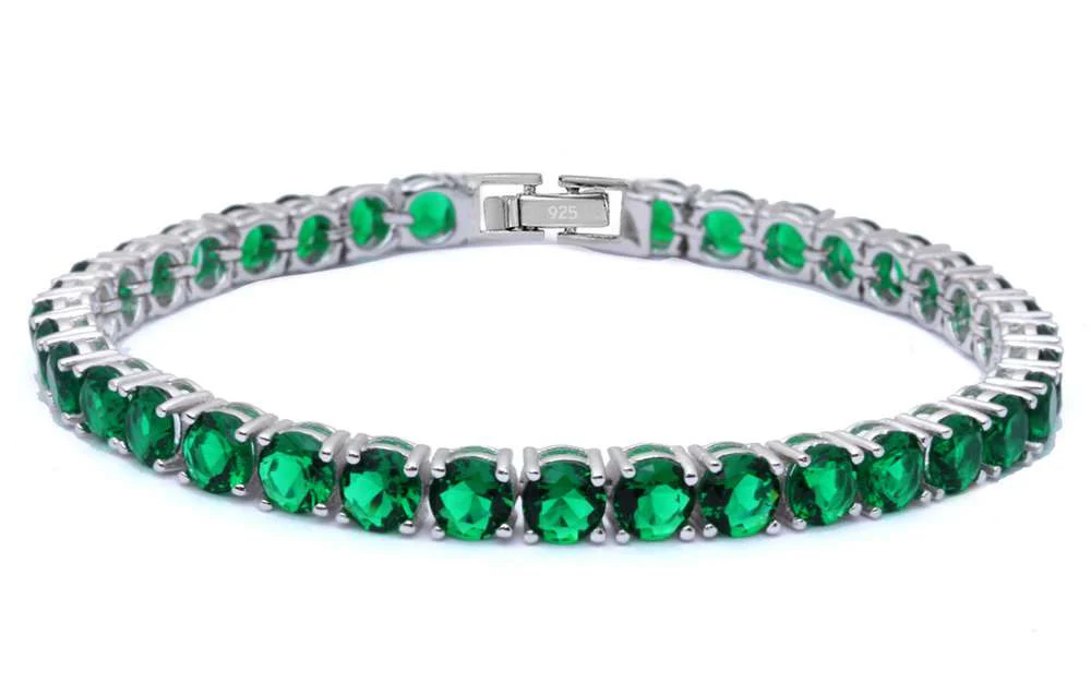 4.5MM Round 14.5CT Emerald .925 Sterling Silver Bracelet 7.25"