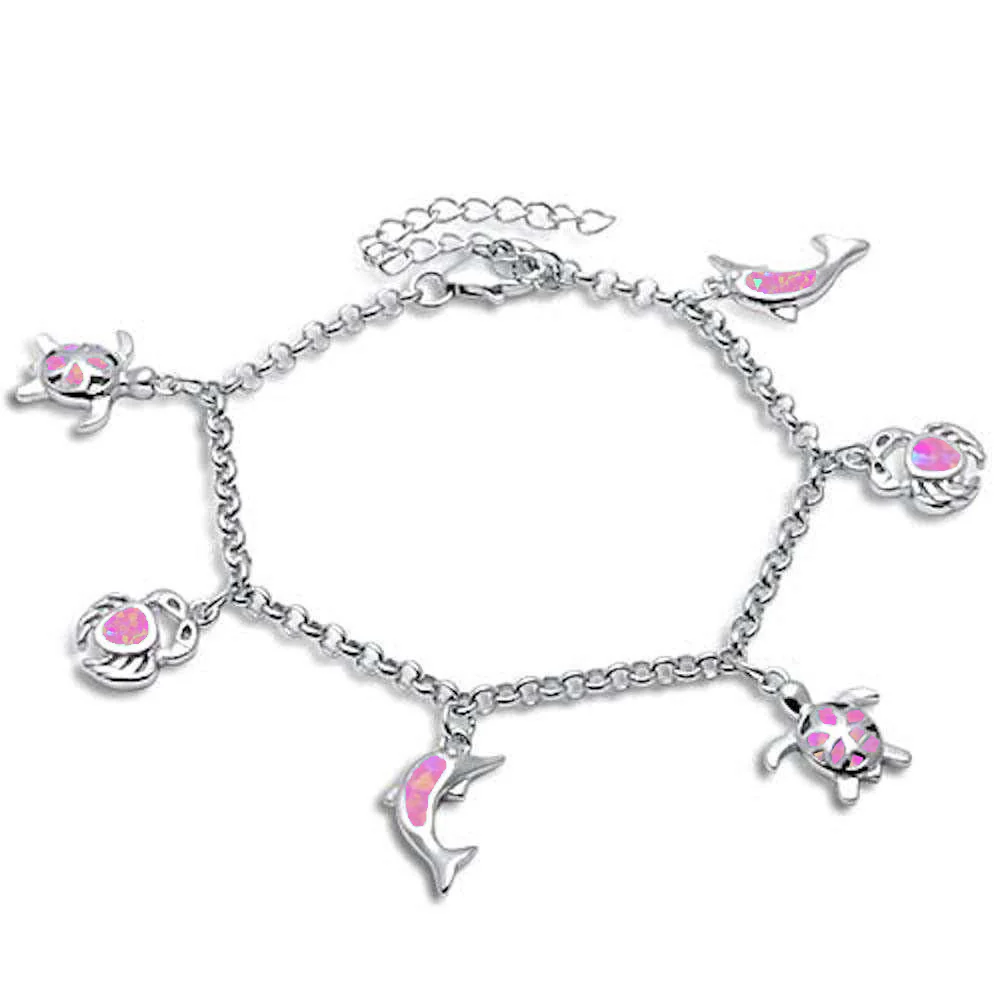 <span>CLOSEOUT! </span>Pink Opal Turtle, Crab & Dolphin .925 Sterling Silver Bracelet