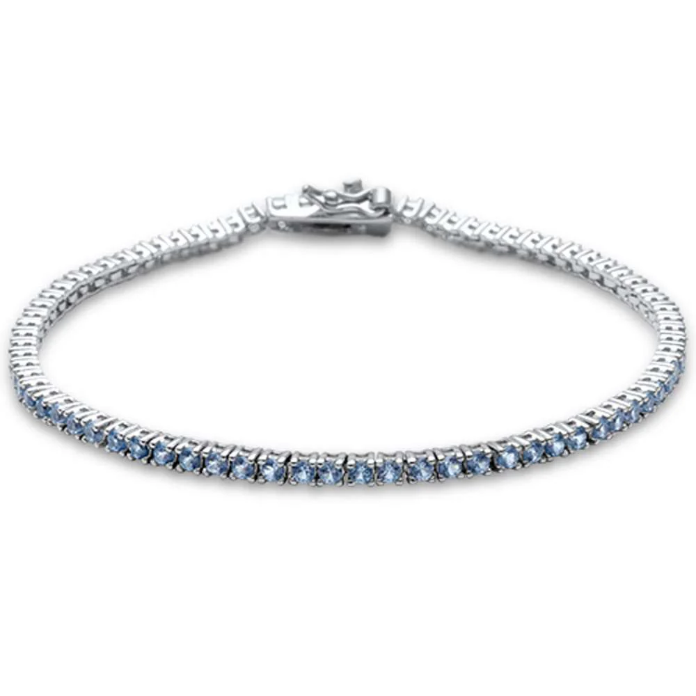 2.5MM ROUND 4 prong Tennis Aquamarine Cubic Zirconia  .925 Sterling Silver Bracelet 7.25"