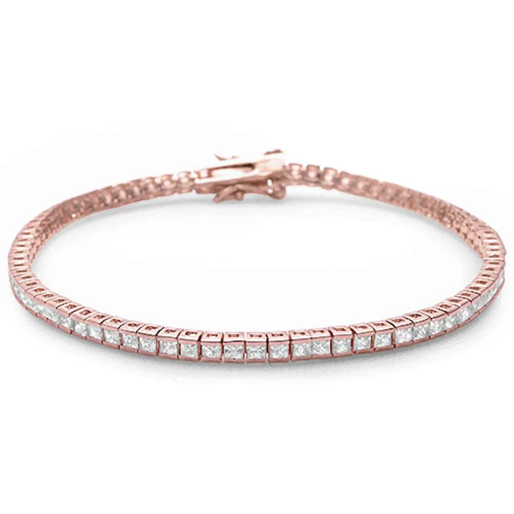 2.5MM Square Rose Gold Plated Bezel Set Cubic Zirconia .925 Sterling Silver Bracelet 7.5"