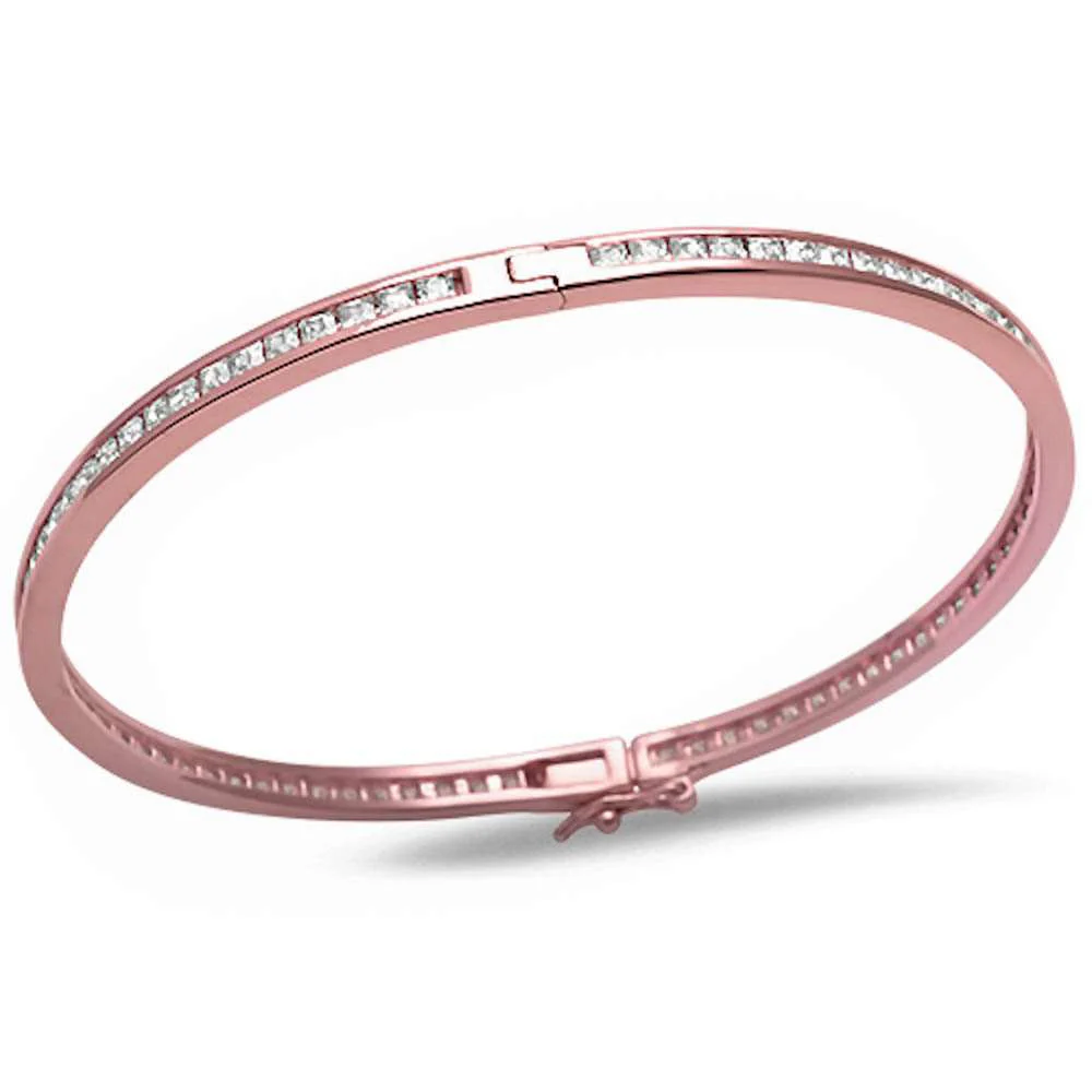 <span>CLOSEOUT! </span>2MM Square Cut Fine Rose Gold Plated Cubic Zirconia .925 Sterling Silver Bangle Bracelet