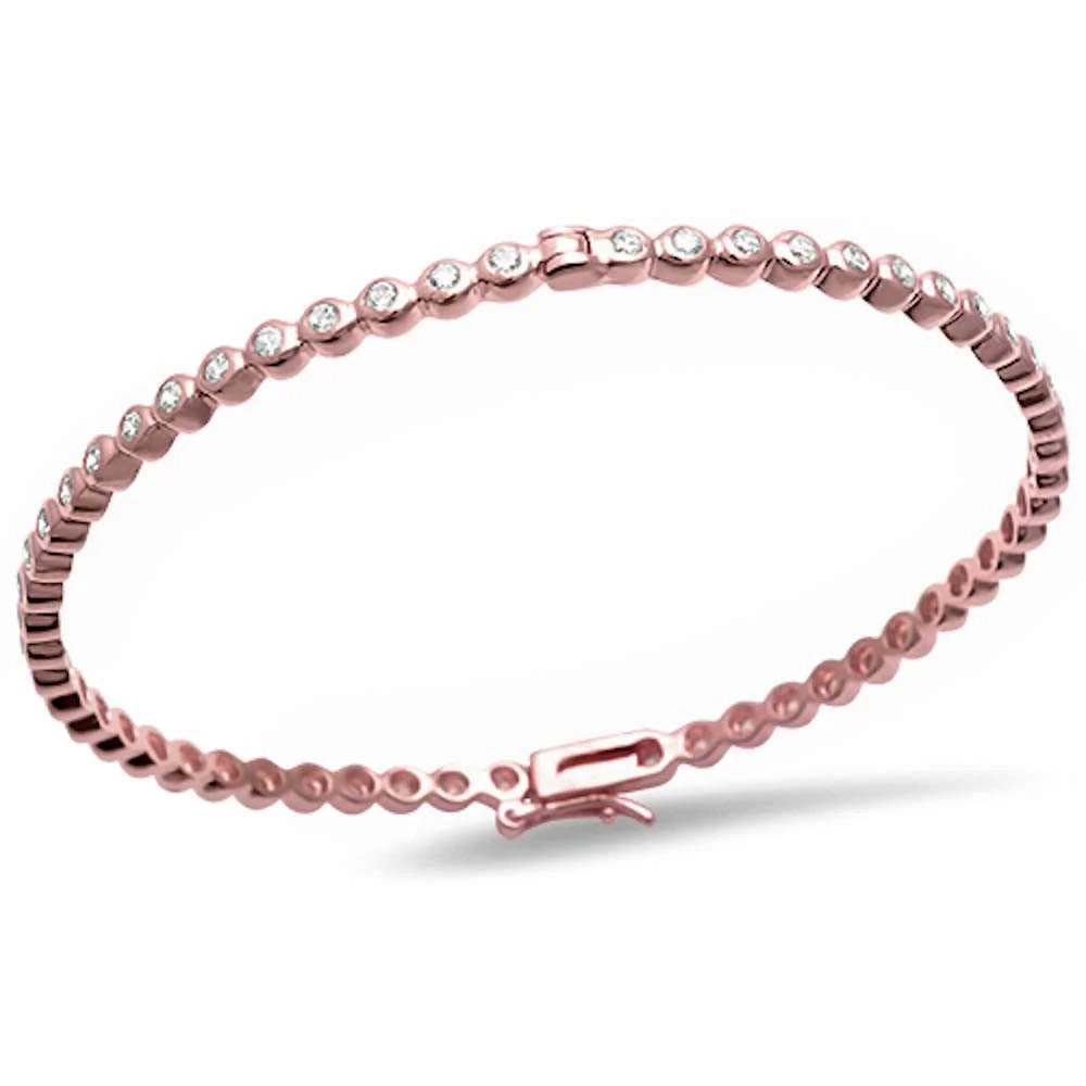 <span>CLOSEOUT!</span>2MM Round Rose Gold Plated Round Bezel Cubic Zirconia .925 Sterling Silver Bangle Bracelet