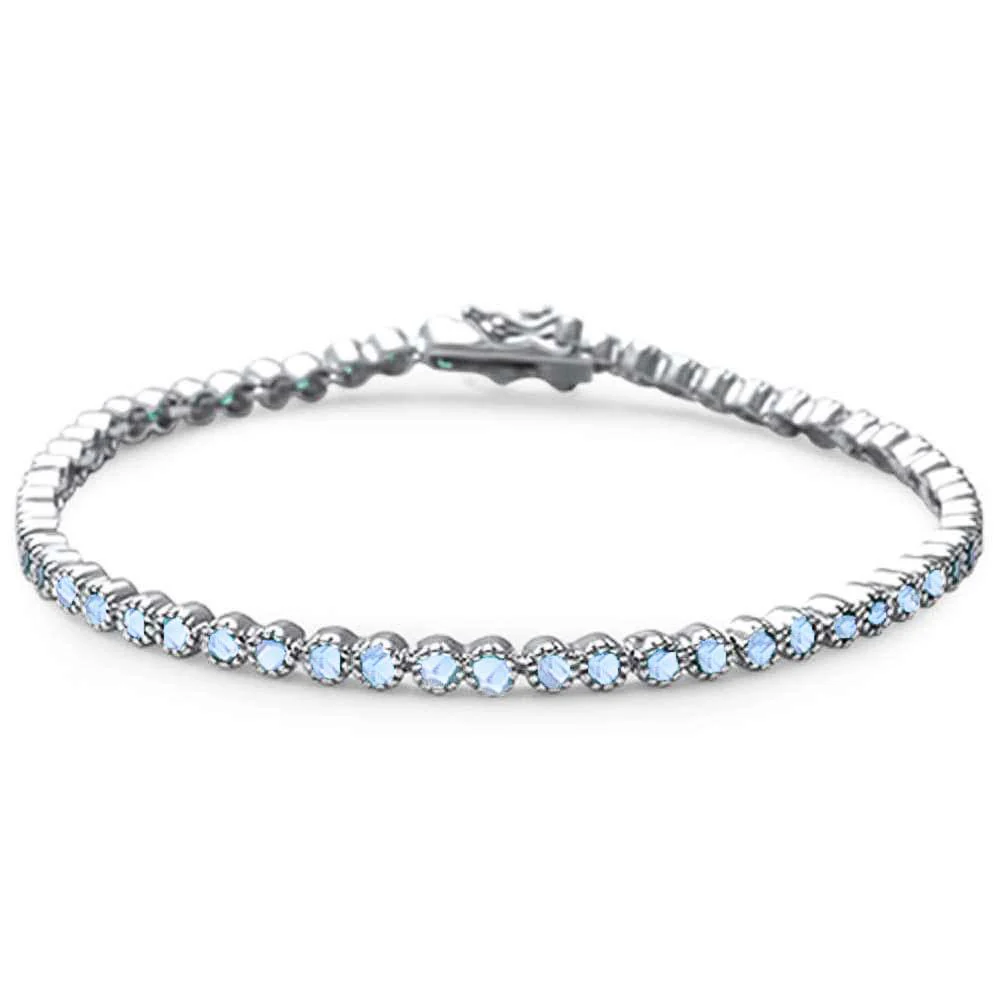 Elegant Round Aquamarine  .925 Sterling Silver Tennis Bracelet 7" Long