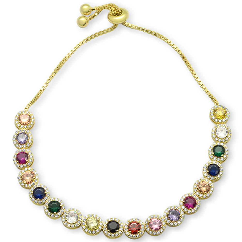 Yellow Gold plated Round Multicolor Gemstones CZ .925 Sterling Silver 7-9" Adjustable Toggle Bola Bracelet