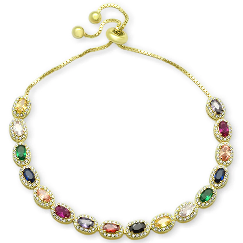 Yellow Gold plated Oval Multicolor Gemstones CZ .925 Sterling Silver 7-9" Adjustable Toggle Bola Bracelet