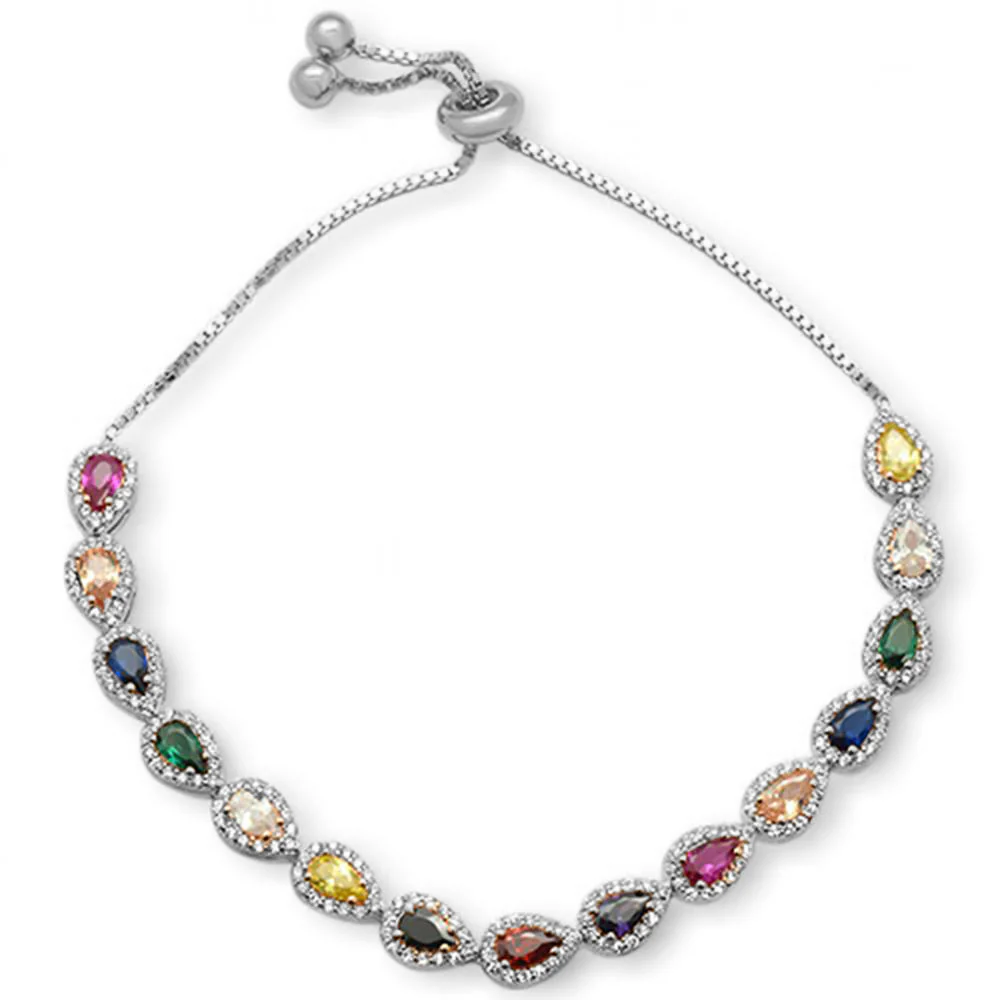 Pear Multicolor Gemstones CZ .925 Sterling Silver 7-9" Adjustable Toggle Bola Bracelet