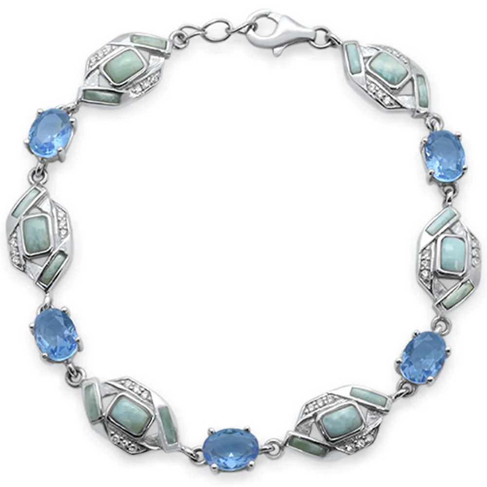Oval Tanzanite, Natural Larimar & CZ  .925 Sterling Silver Bracelet 7.5"
