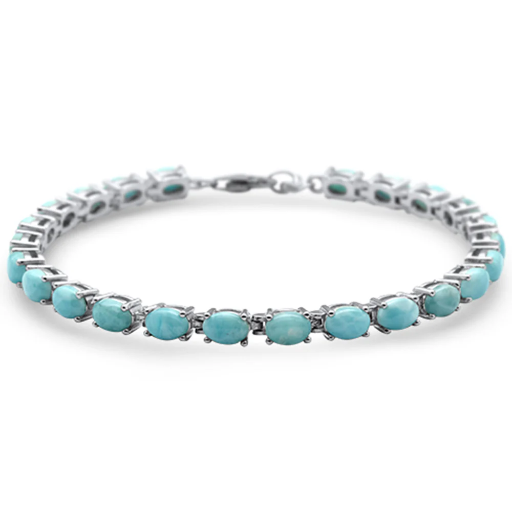 Natural Larimar Oval Shape Fire .925 Sterling Silver Bracelet 7" Long