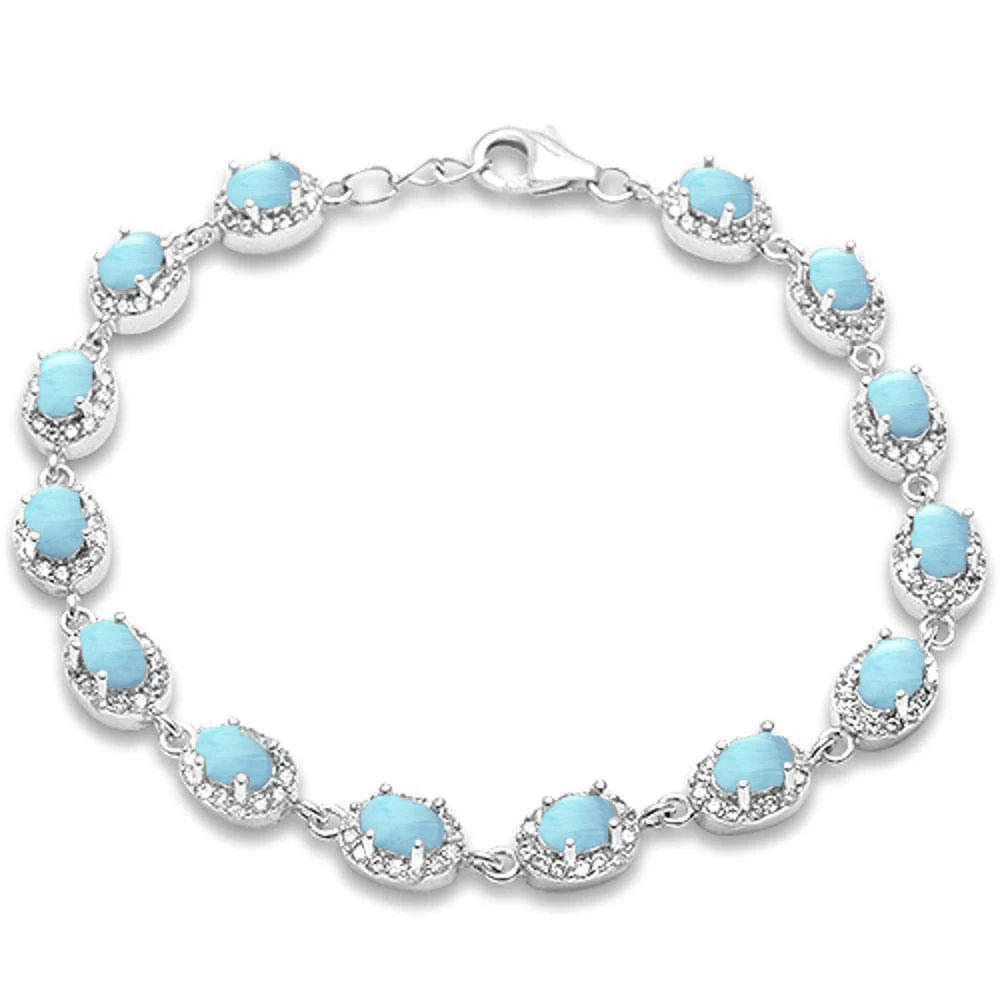 Oval Natural Larimar & Cubic Zirconia .925 Sterling Silver Bracelet