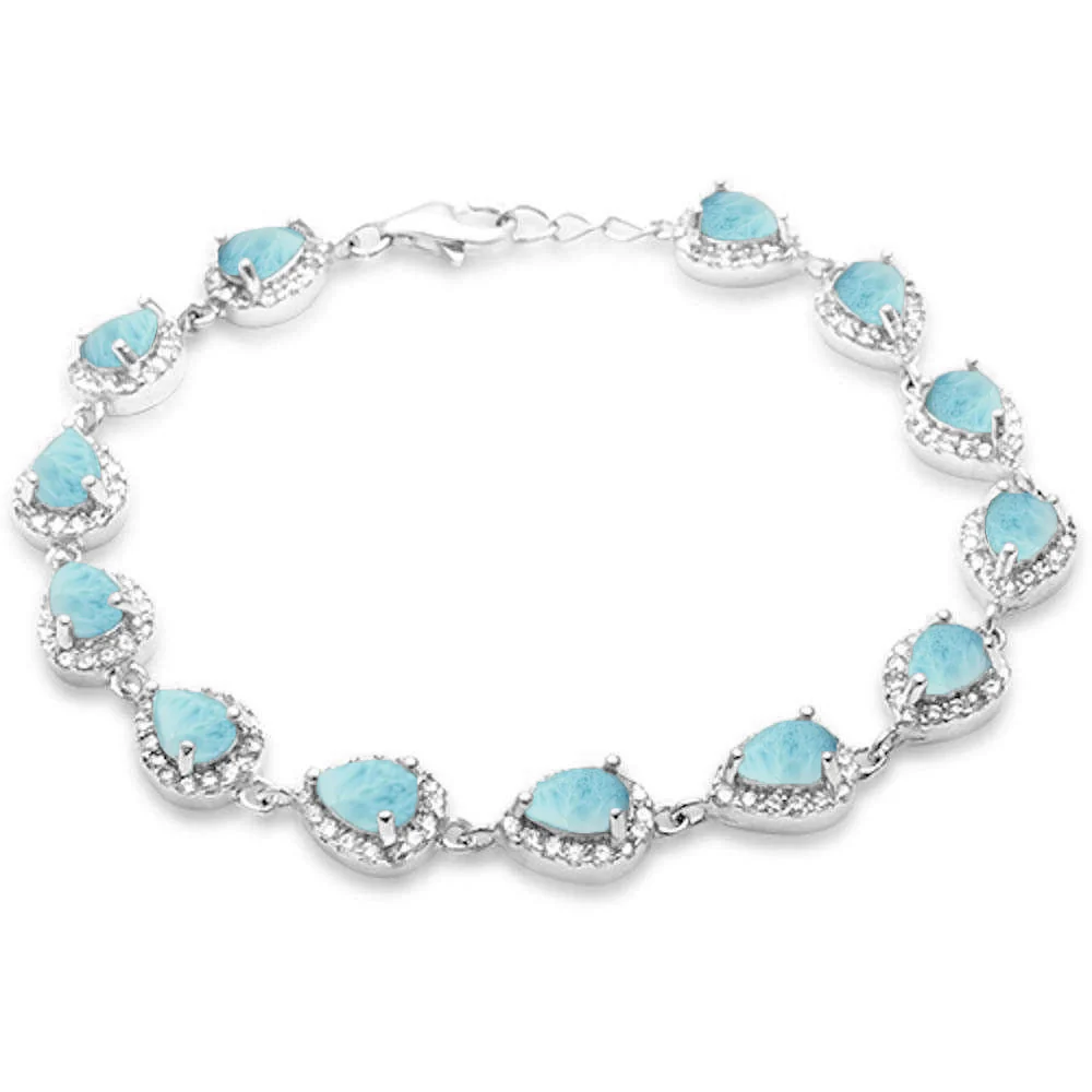 Pear Shape Natural Larimar & Cubic Zirconia .925 Sterling Silver Bracelet