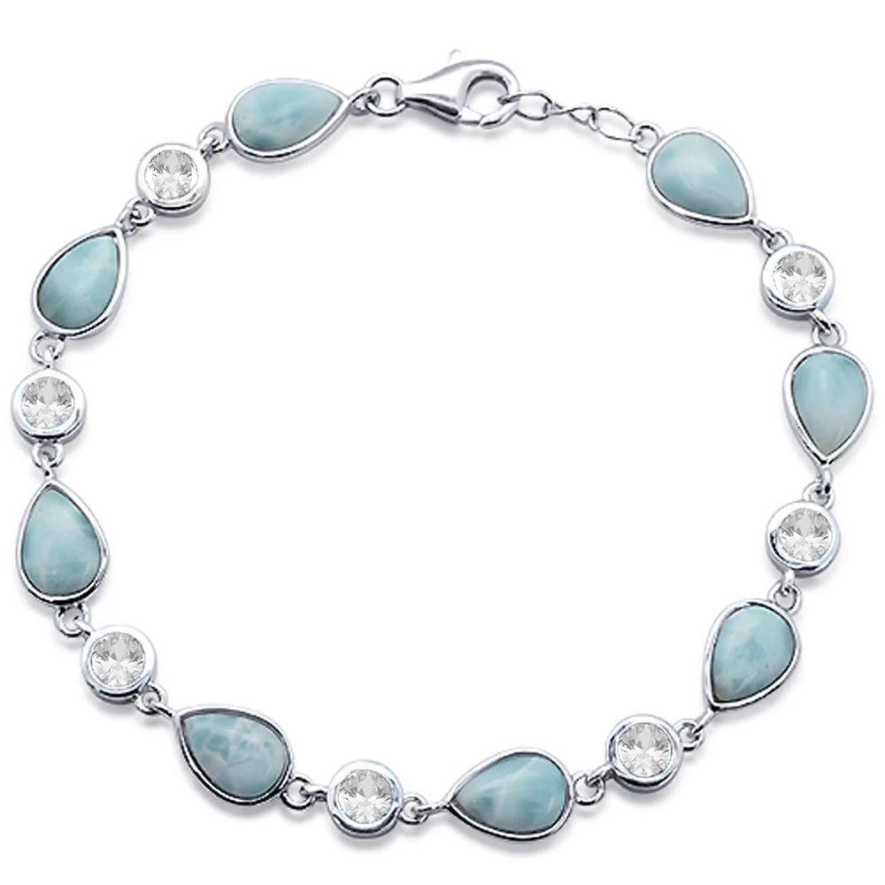 Pear Natural Larimar & Cubic Zirconia .925 Sterling Silver Bracelet 7" Long