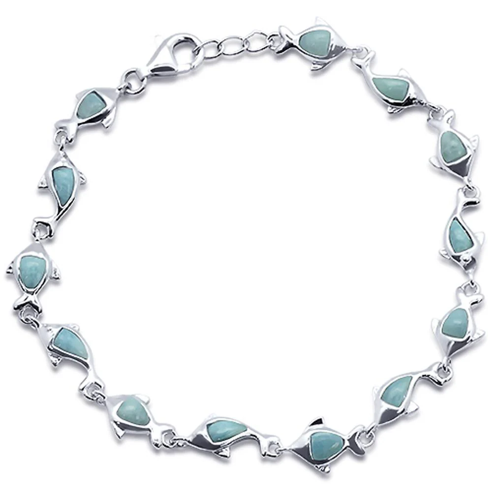 Natural Larimar Dolphin Charm  .925 Sterling Silver Bracelet 7.5" to 8" Long