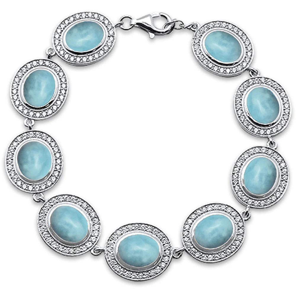 Oval Natural Larimar & Cubic Zirconia .925 Sterling Silver Bracelet 7" Long