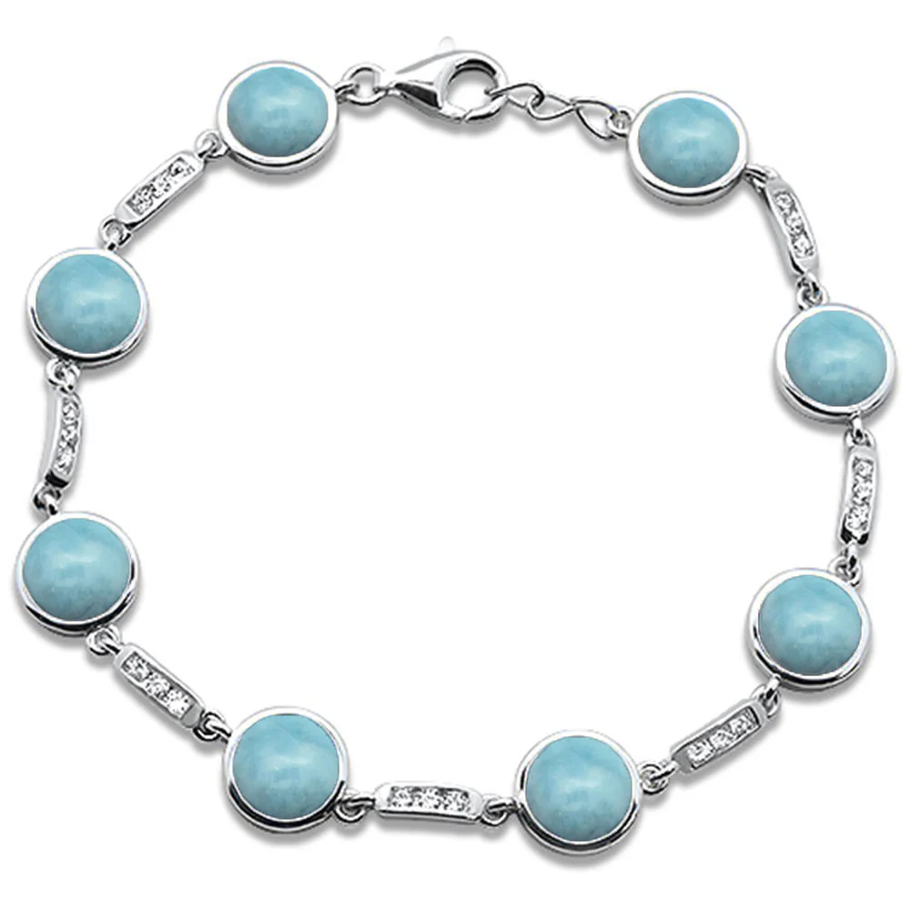 Round Natural Larimar & Cubic Zirconia  .925 Sterling Silver Bracelet 7" Long