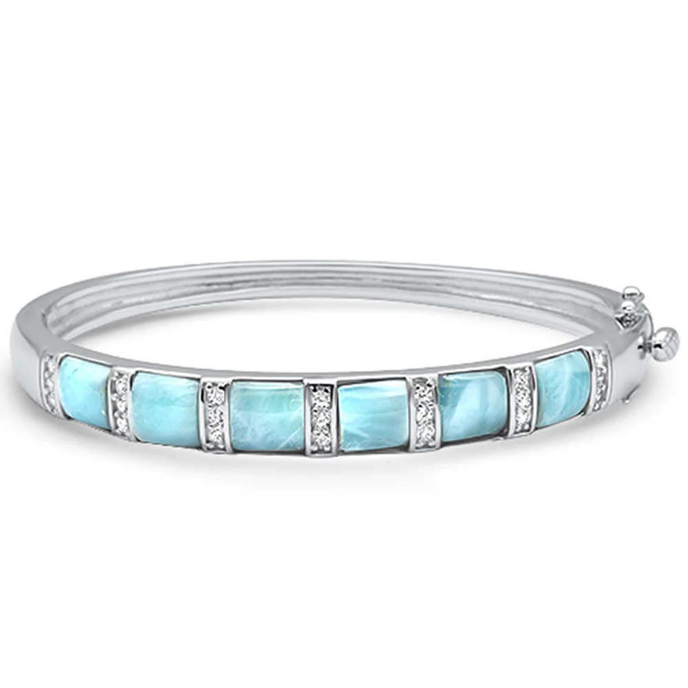 Natural Larimar & Cz .925 Sterling Silver Bangle Bracelet