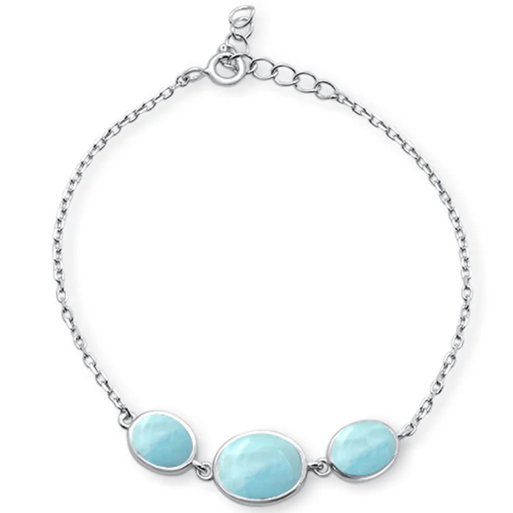 Oval Natural Larimar .925 Sterling Silver Bracelet 6"+1"ext