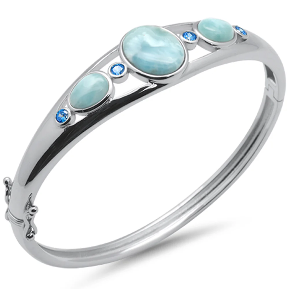 Natural Larimar & Blue Topaz  .925 Sterling Silver Bangle Bracelet