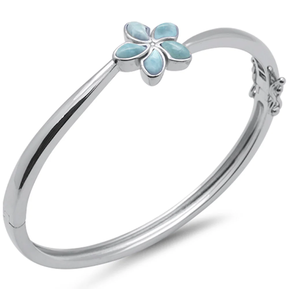 Natural Larimar Flower .925 Sterling Silver Bangle Bracelet