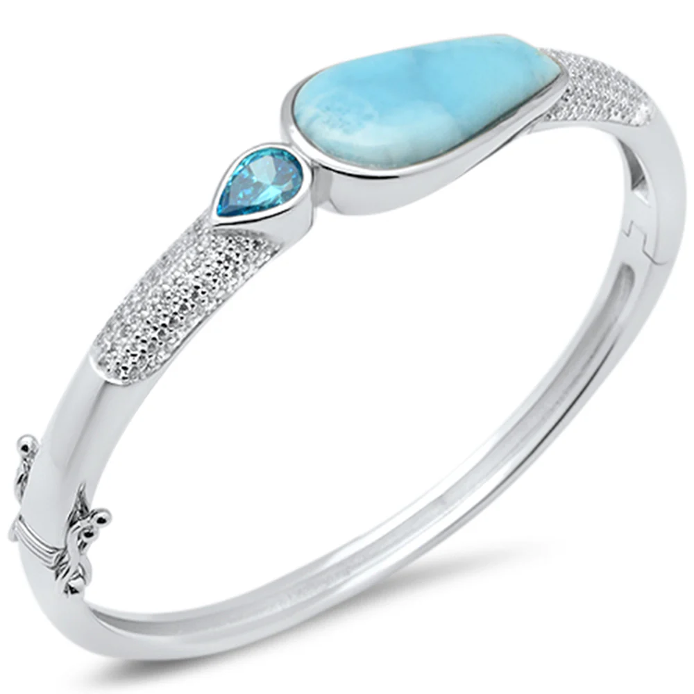 Natural Larimar, Blue Topaz & Cubic Zirconia .925 Sterling Silver Bangle Bracelet - Image 2