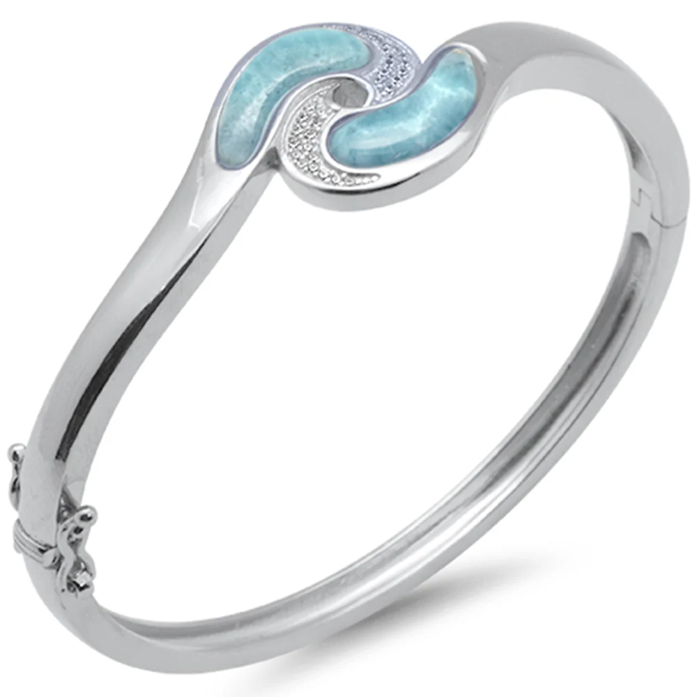 Natural Larimar & CZ .925 Sterling Silver Bangle Bracelet
