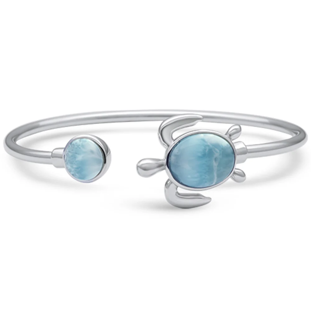 Round & Oval Shaped Natural Larimar Turtle Bangle .925 Sterling Silver Bracelet