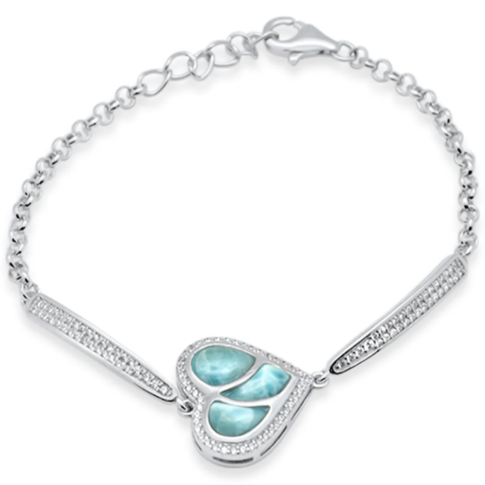 Heart Shaped Natural Larimar & CZ .925 Sterling Silver Bracelet