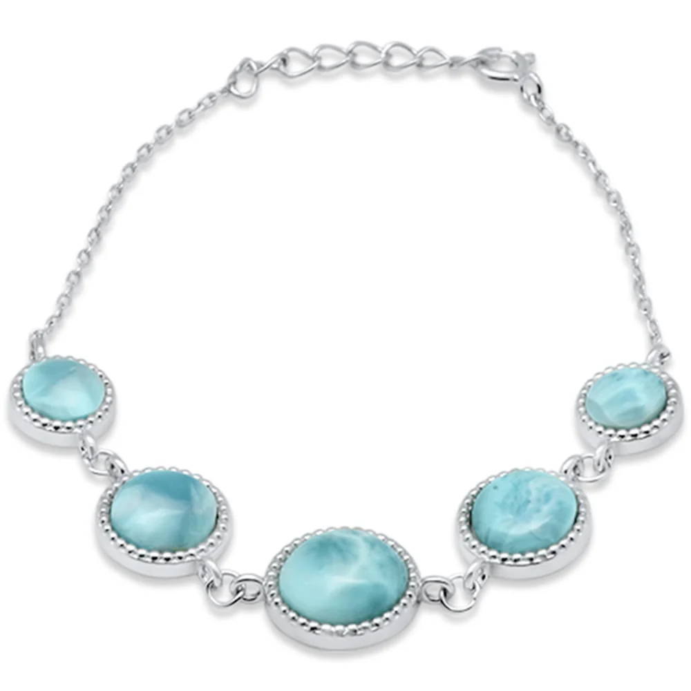 Round Natural Larimar .925 Sterling Silver Bracelet 6" + 1" Adjustable