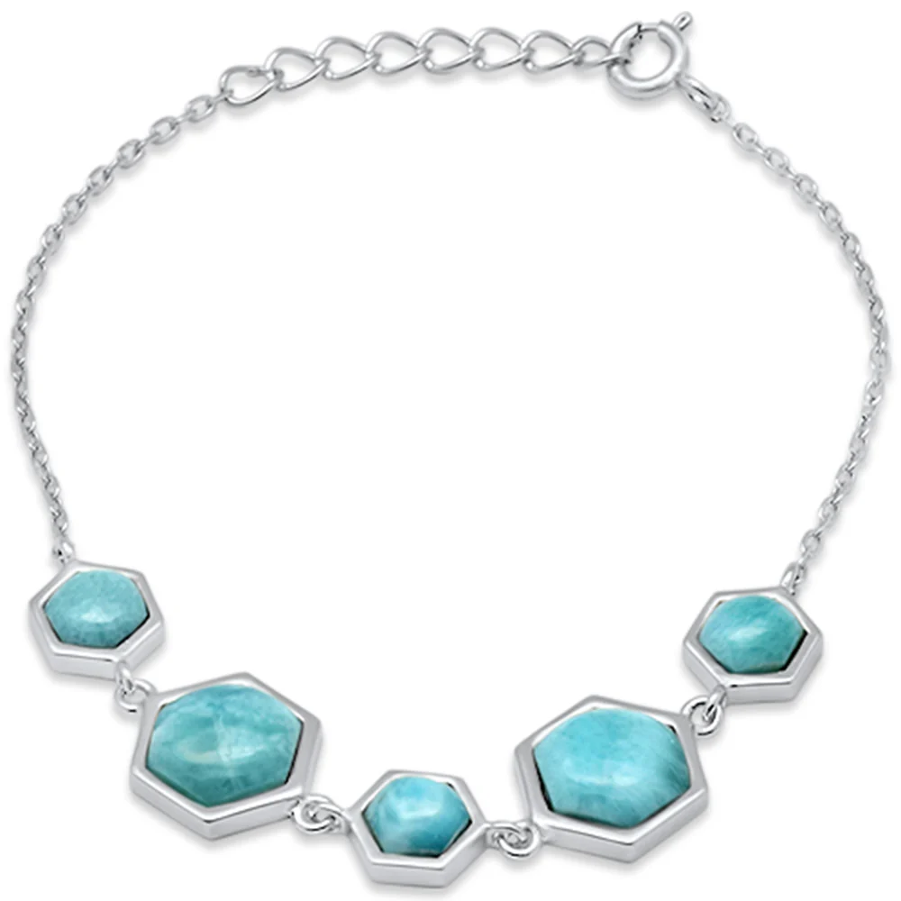 Hexagon Shaped Natural Larimar Pattern .925 Sterling Silver Bracelet 5.5" + 1" Adjustable