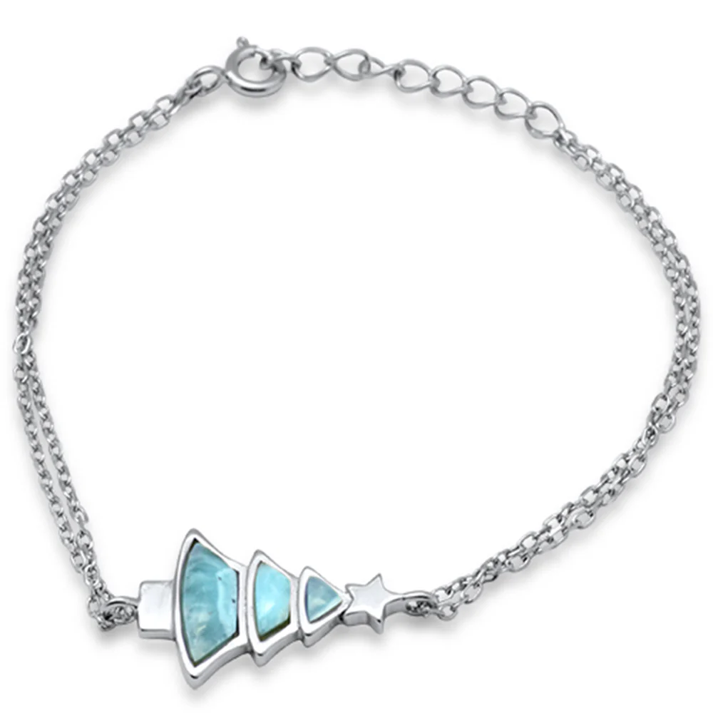 Natural Larimar Christmas Tree .925 Sterling Silver Bracelet 6" + 1" Adjustable