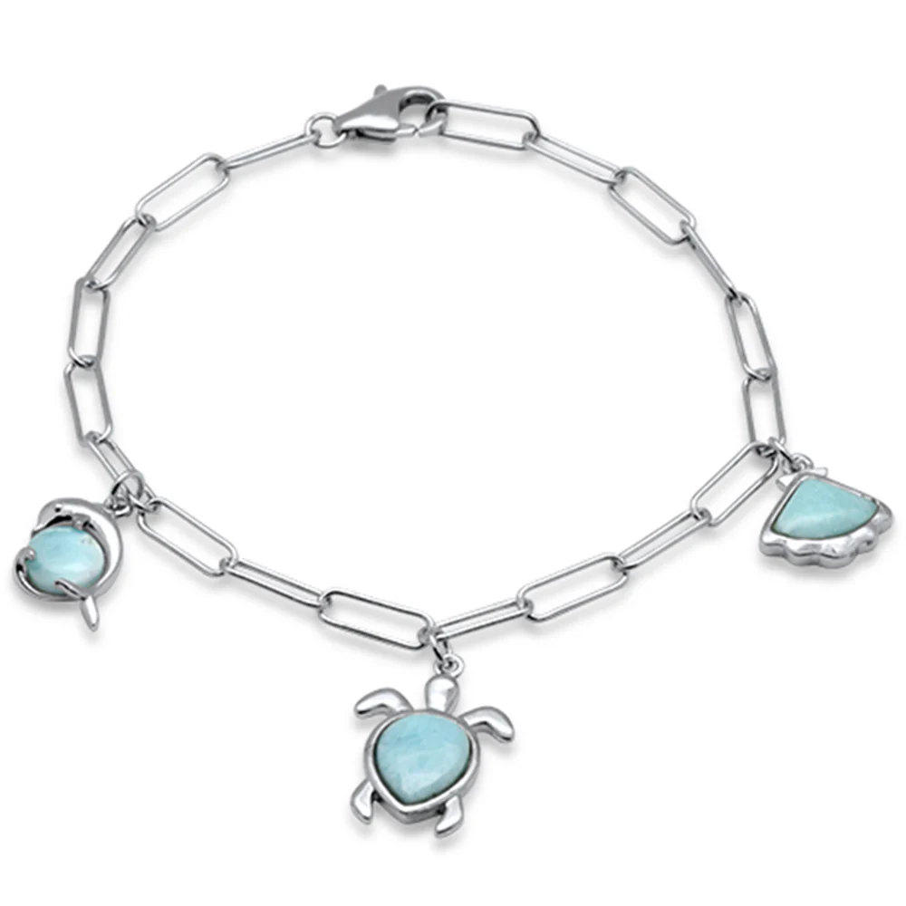 Turtle & Dolphin Paperclip .925 Sterling Silver Charm Bracelet 7.5" Long
