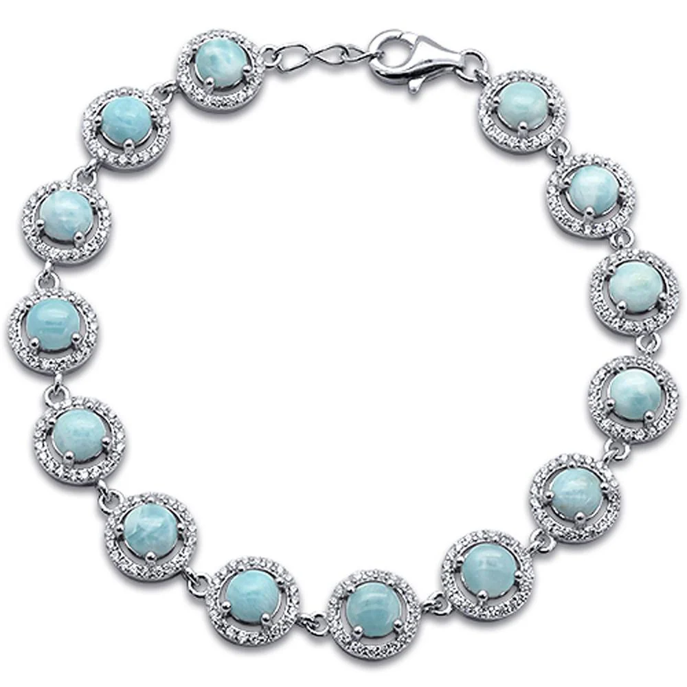 Elegant Halo Style Natural Larimar .925 Sterling Silver Bracelet 7.5" Long
