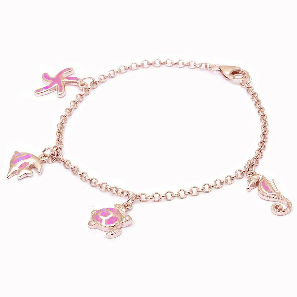 Rose Gold Plated Pink Opal Sea Horse, Turtle, Fish & Starfish .925 Sterling Silver Bracelet