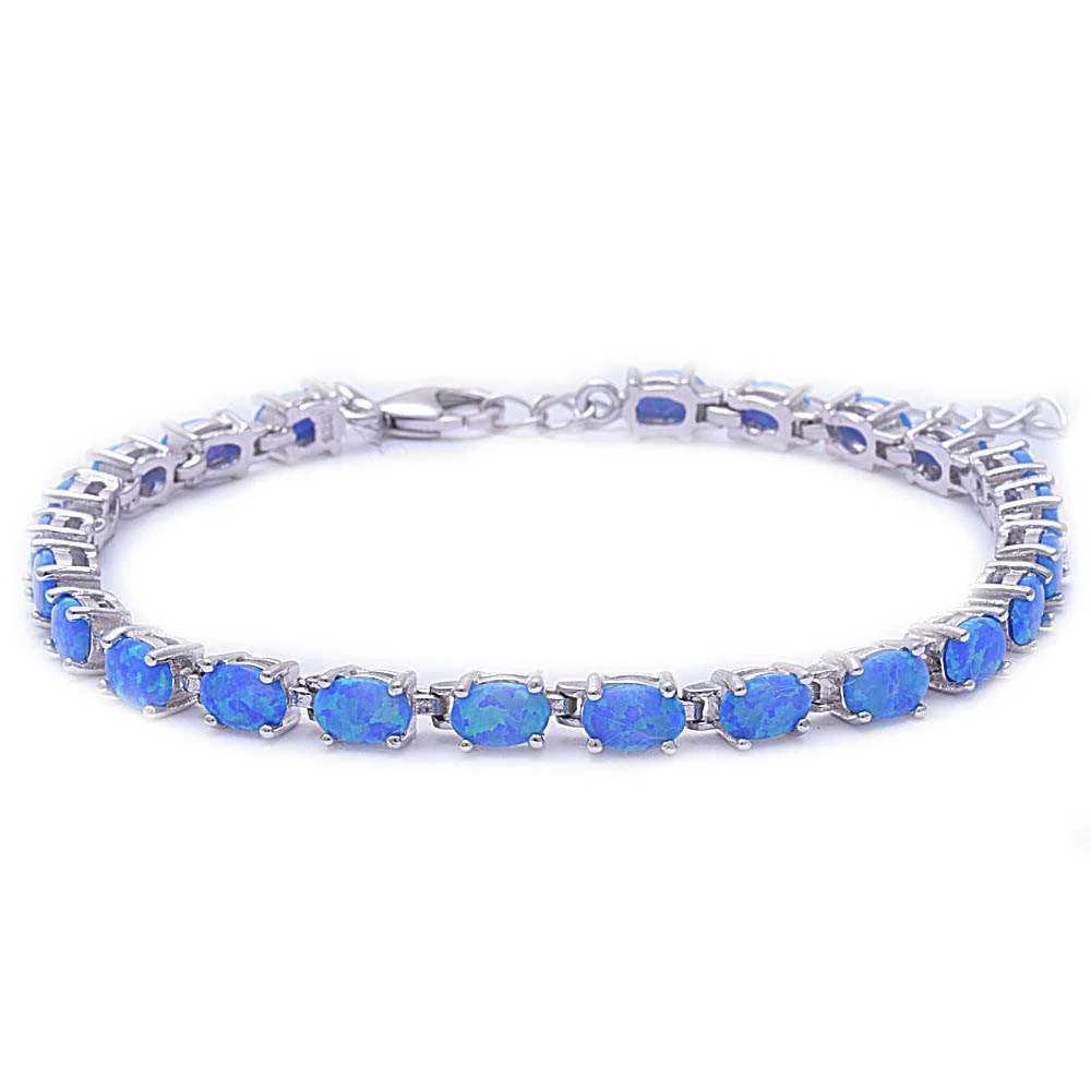Oval Shape Blue Fire Opal .925 Sterling Silver Bracelet