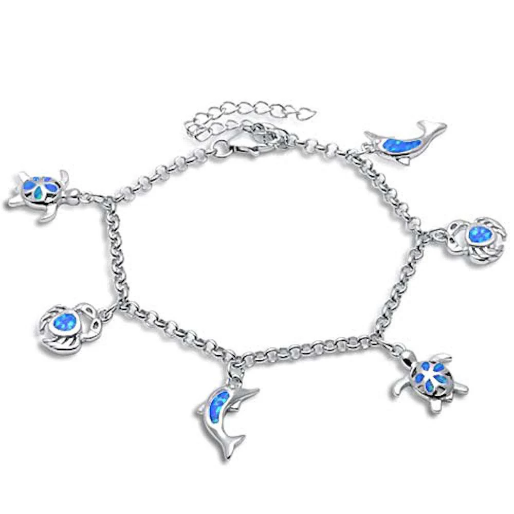 <span>CLOSEOUT! </span>Blue Opal Turtle, Crab & Dolphin .925 Sterling Silver Bracelet