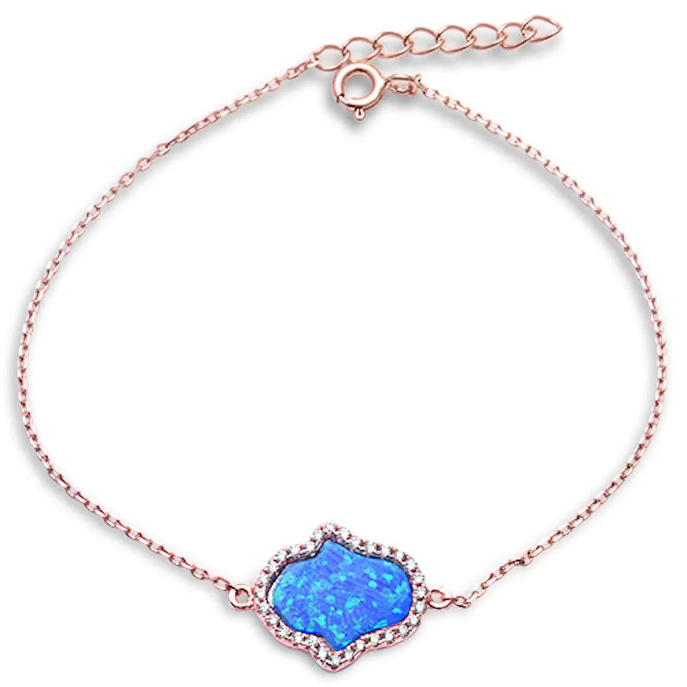<span>CLOSEOUT! </span>Rose Gold Plated Blue Opal & Cubic Zirconia Hamsa .925 Sterling Silver Bracelet