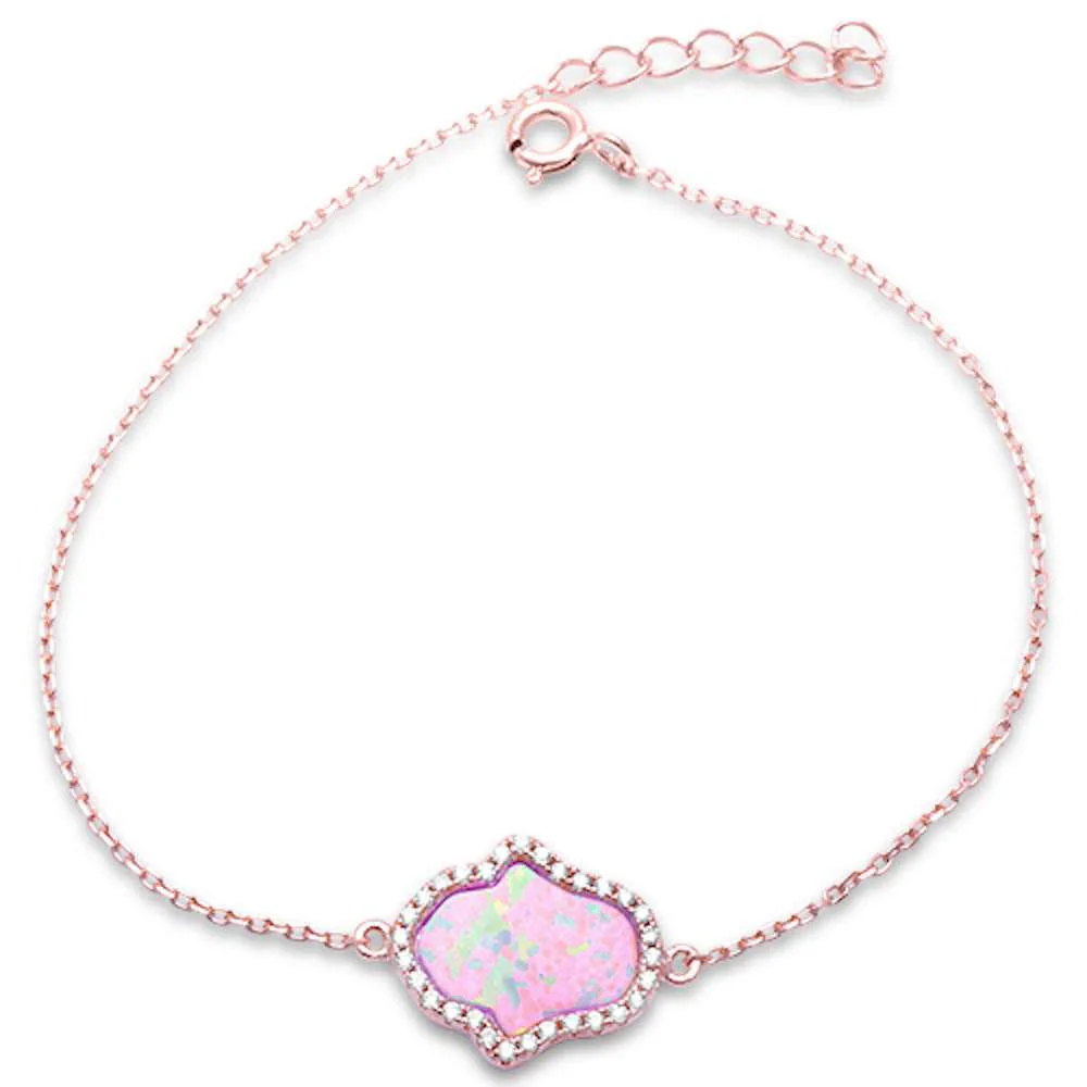 Rose Gold Plated Pink Opal & Cubic Zirconia Hamsa .925 Sterling Silver Bracelet