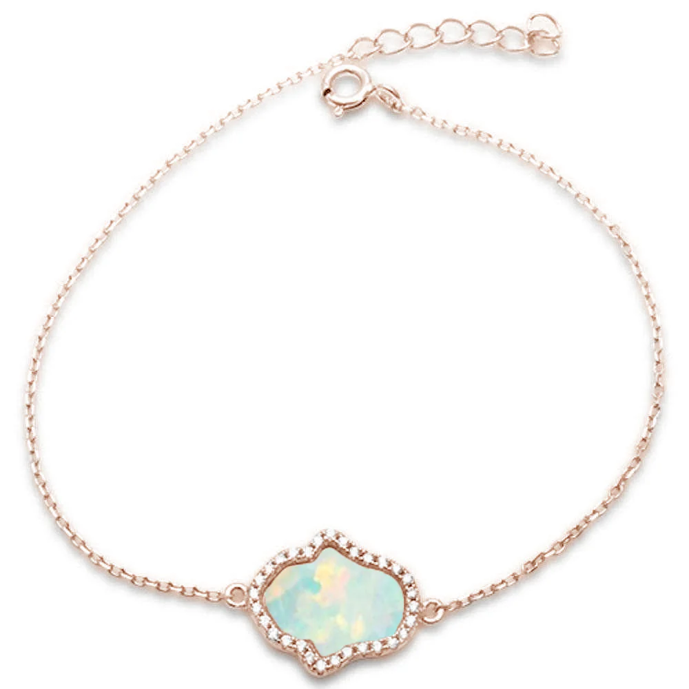 <span>CLOSEOUT! </span>Rose Gold Plated White Opal & Cubic Zirconia Hamsa .925 Sterling Silver Bracelet