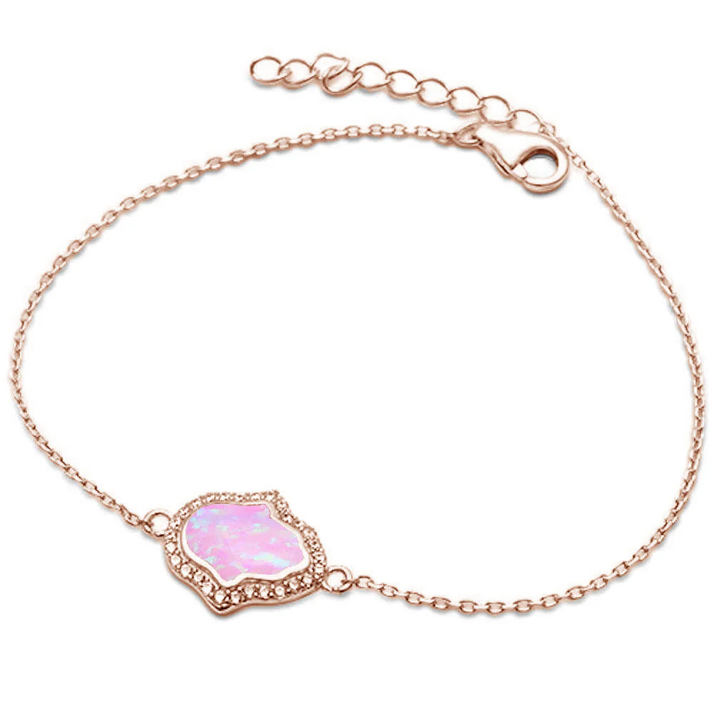 <span>CLOSEOUT! </span>Rose Gold Plated Pink Opal & CZ Hamsa Symbol .925 Sterling Silver Bracelet