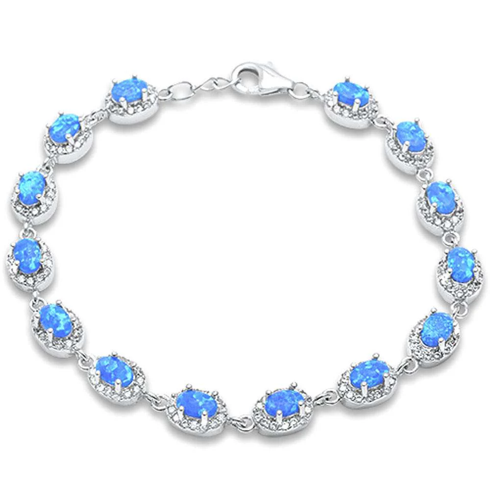 Oval Blue Fire Opal & Cubic Zirconia .925 Sterling Silver Bracelet