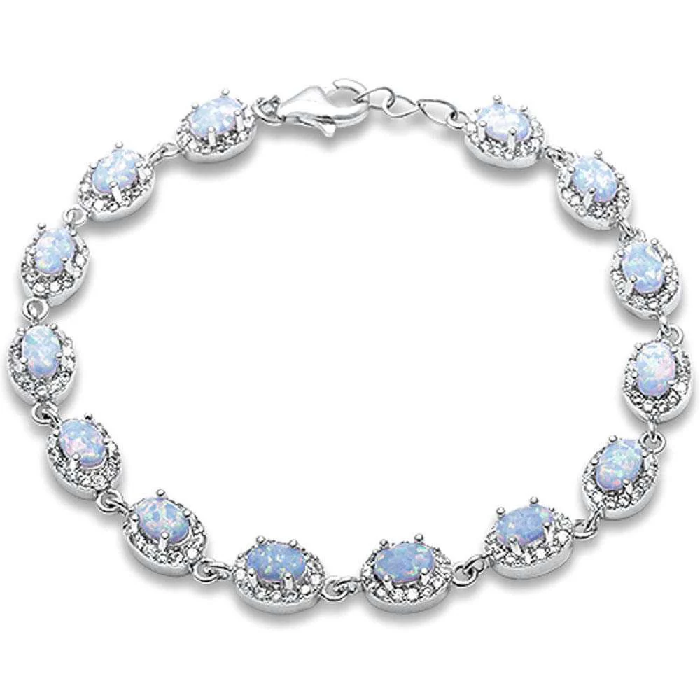 Oval White Fire Opal & Cubic Zirconia .925 Sterling Silver Bracelet