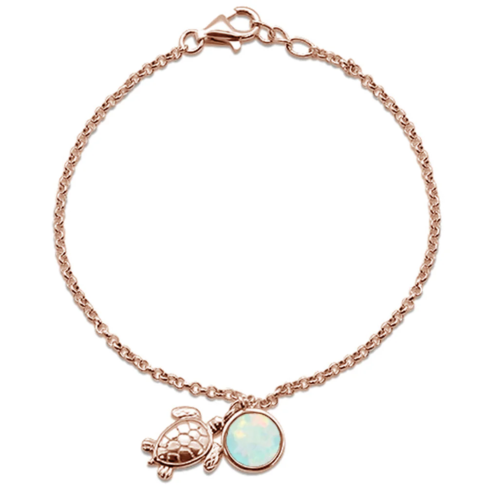 <span>CLOSEOUT! </span>Round Rose Gold Plated White Opal Turtle .925 Sterling Silver Bracelet 7.5" Long