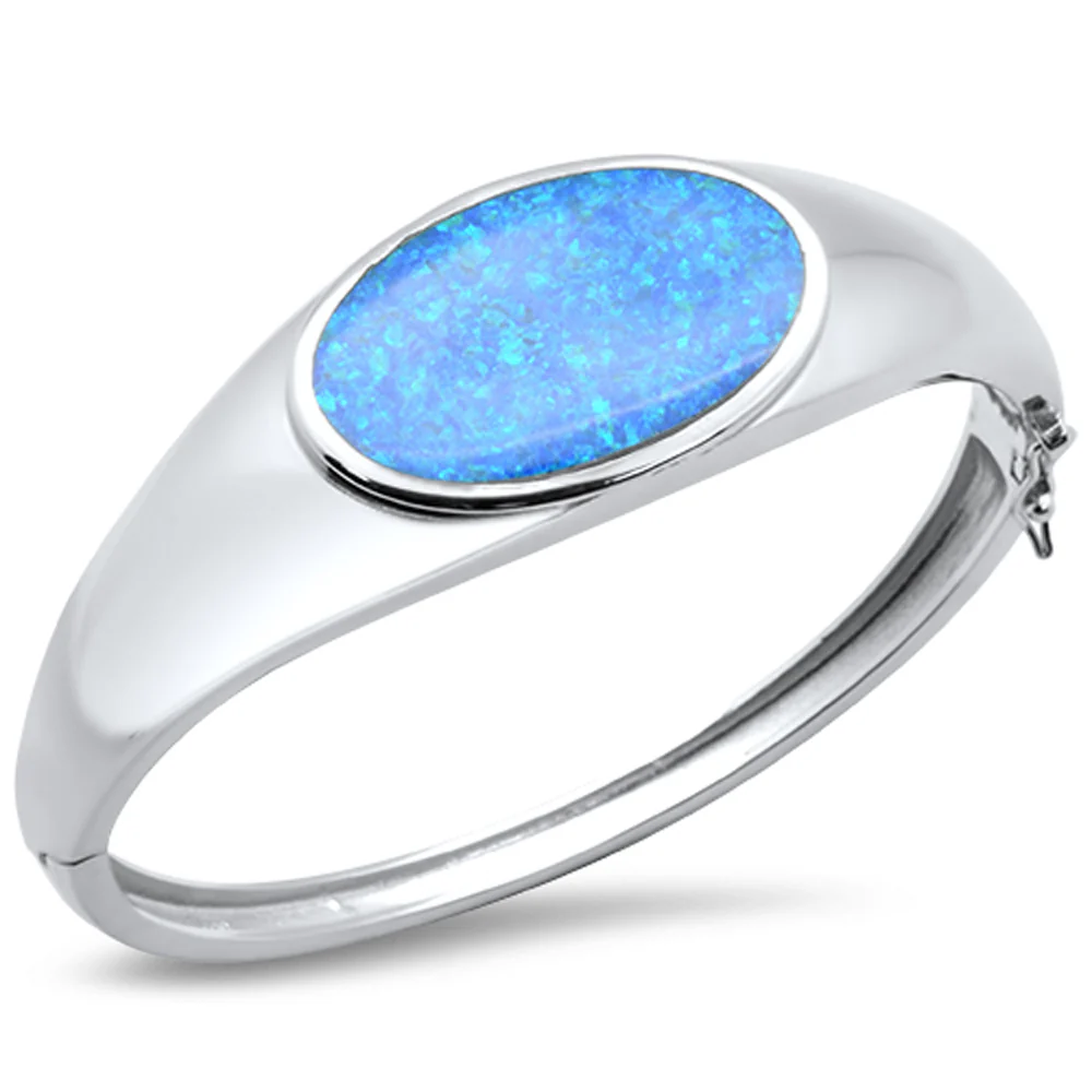 <span>CLOSEOUT!</span>Oval Blue Opal & Round .925 Sterling Silver Bangle Bracelet 7.5" - Image 2
