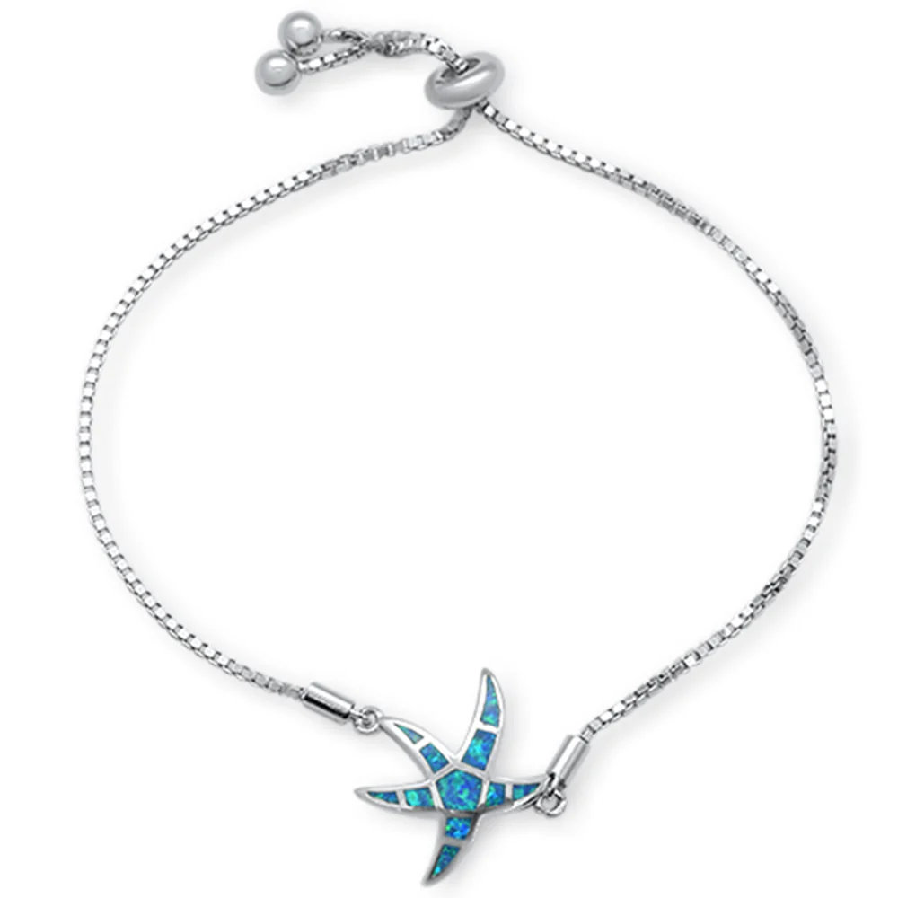 <span>CLOSEOUT! </span>Blue Opal Star Fish .925 Sterling Silver Bracelet 7-9" Adjustable Toggle Bola Bracelet