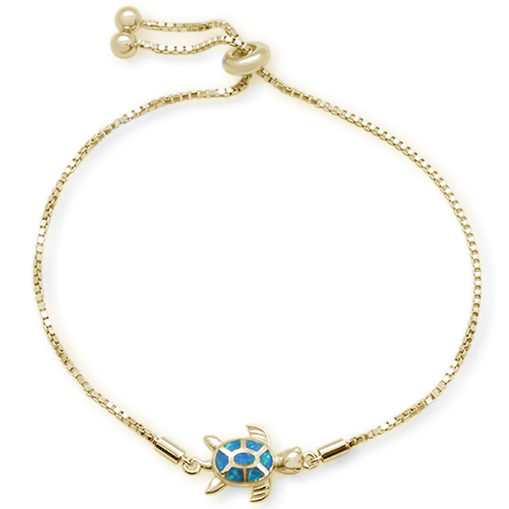 Yellow Gold Plated Blue Opal Turtle .925 Sterling Silver Bracelet  7-9" Adjustable Toggle Bola Bracelet